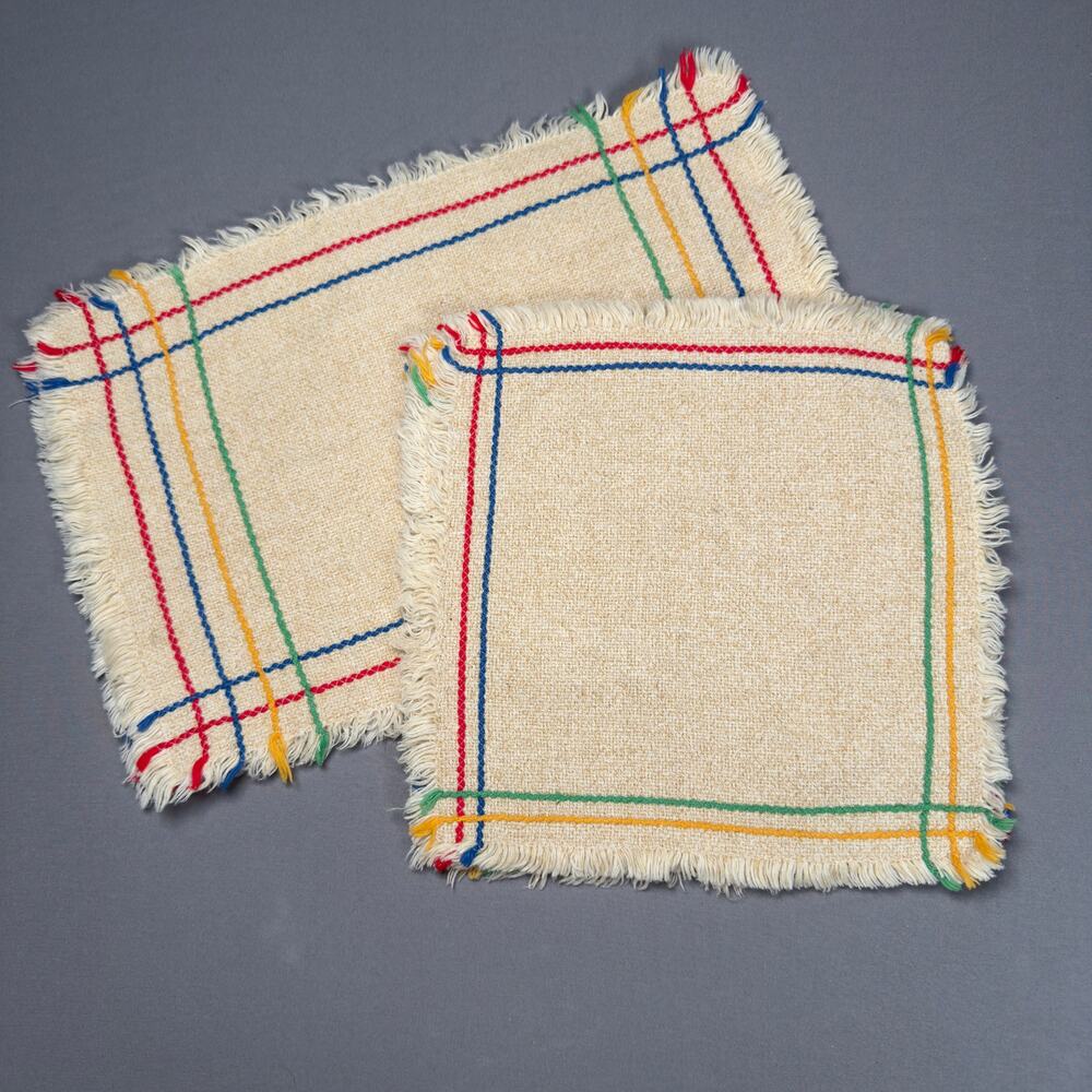 VINTAGE Tan Woven Frayed Edge 4 Placemats & 4 Matching Napkin Set